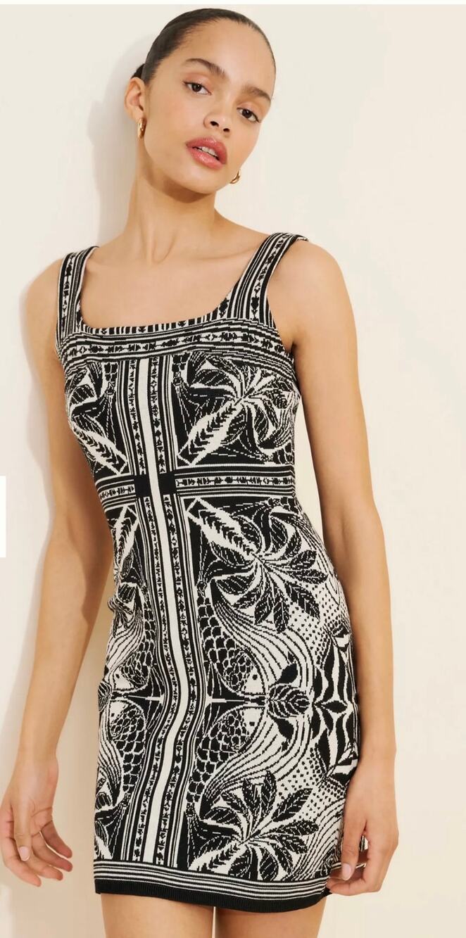 FARM Rio Elegance Scarf Knit Printed Square Neck Mini Dress Medium